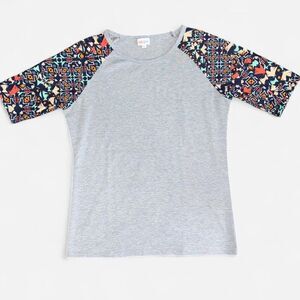 LulaRoe “Gigi” Grey and Navy Colorblock Geometric Sleeve T-shirt